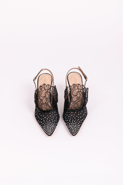 Escarpins Slingblack Madame en noir - Dentelle De Calais Couture Élevée.