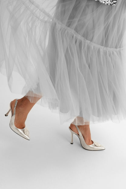 Escarpins Slingback Argenté Impératrice - Ornée D’or Blanc