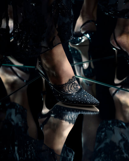 Escarpins Slingback Madame en noir - Dentelle De Calais Couture