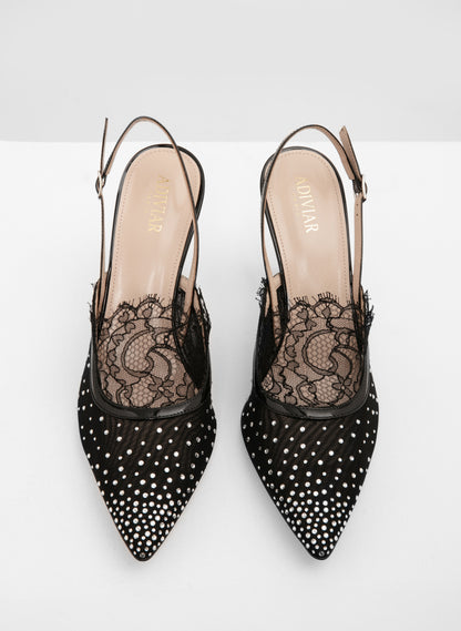 Escarpins Slingback Noir Madame - Dentelle De Calais