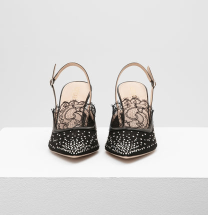 Escarpins Slingback Noir Madame - Dentelle De Calais
